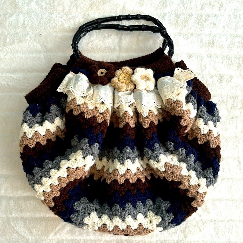 Handmade crochet knit fat bottom granny floral satchel tote bag with lace